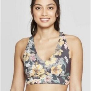 JoyLab | Gray Yellow Floral V Neck Twist Back Sports Bra XS